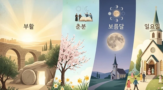 부활절 날짜가 다른 이유를 설명하는 춘분, 보름달, 일요일 기준 이미지