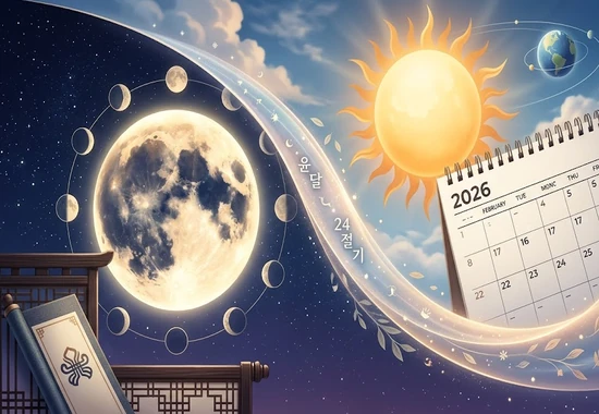 설날과 추석 날짜 바뀌는 이유를 보여주는 음력, 달, 태양, 24절기 달력 이미지